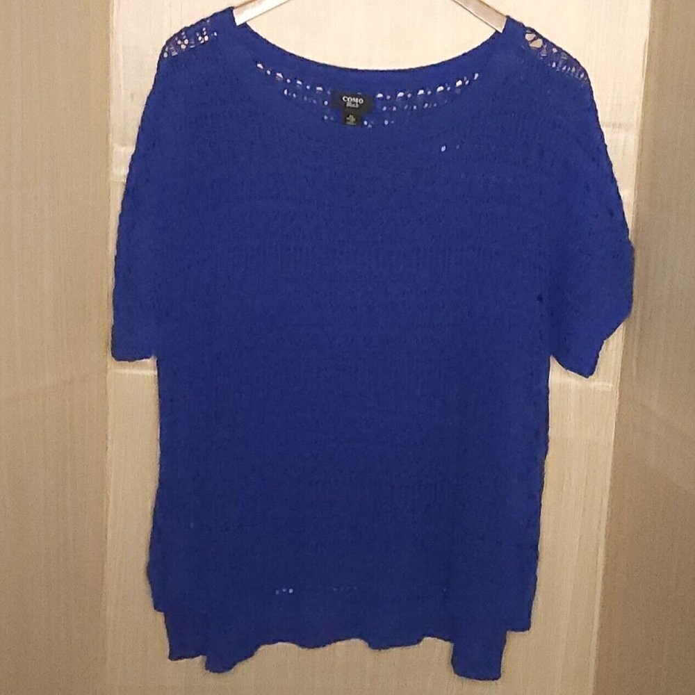 Como Black Womens Royal Blue Open Knit Short Sleeve Sweater XL